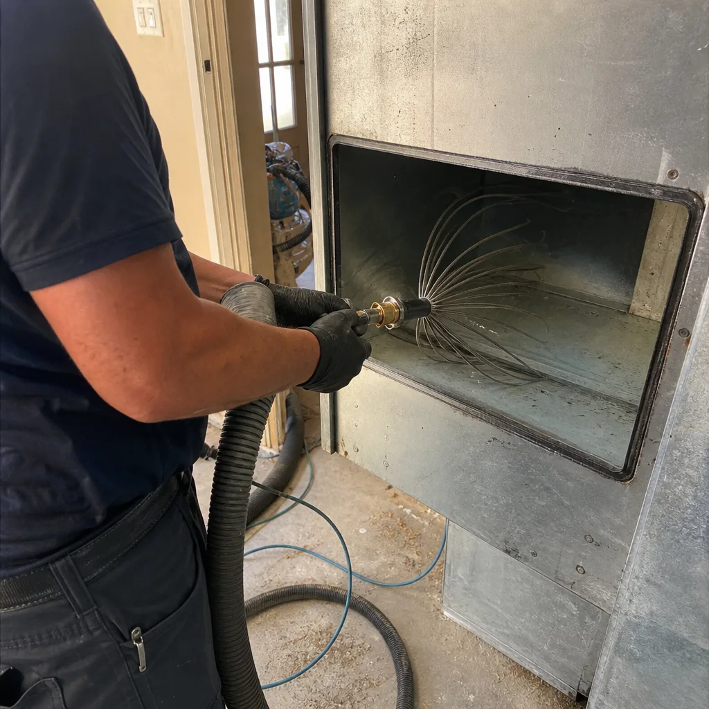 Professional technician performing air duct cleaning with a rotary brush tool