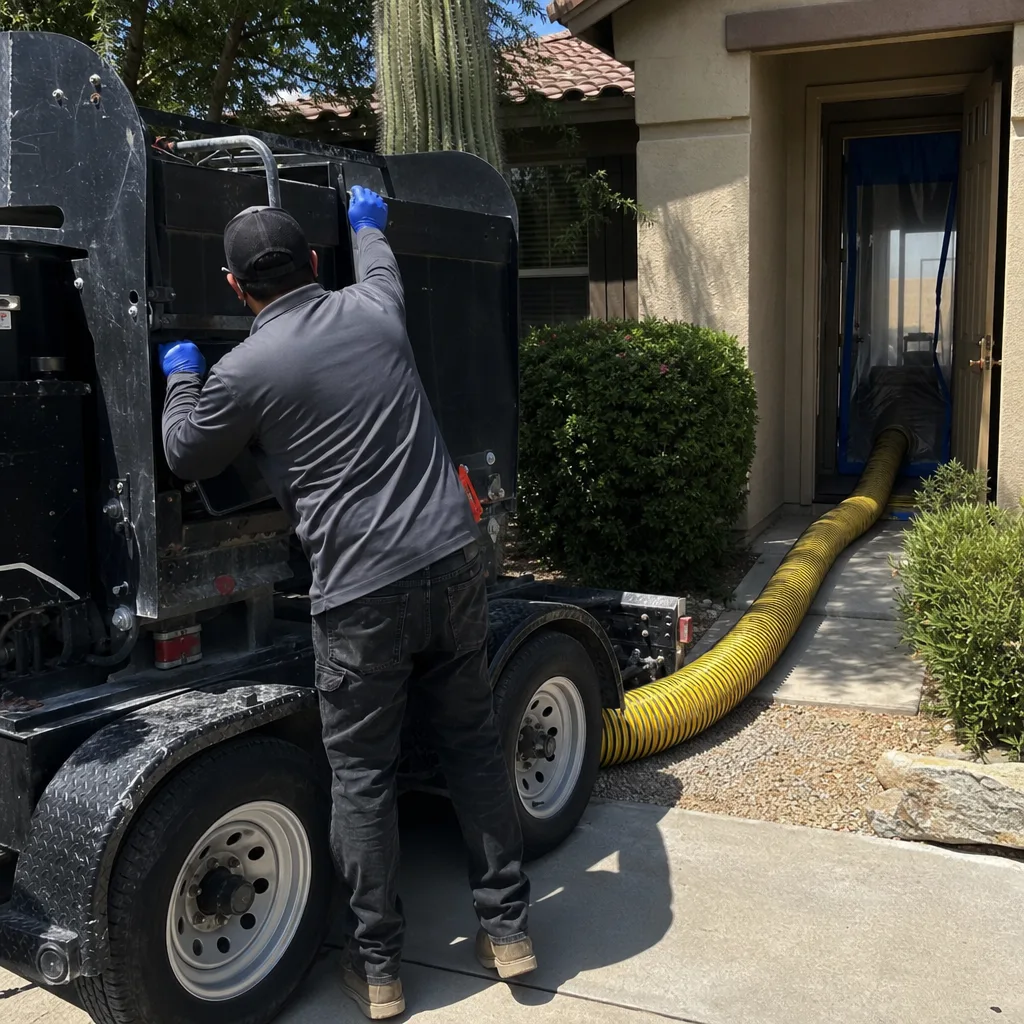 Professional technician using industrial air duct cleaning equipment at a residence