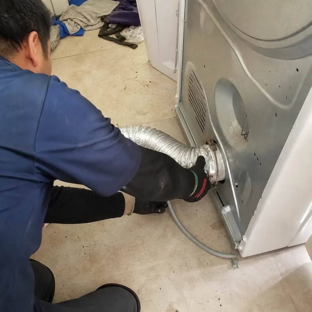Technician connecting a flexible metal dryer vent hose to a clothes dryer