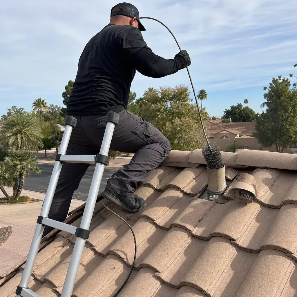 Technician performing professional dryer vent cleaning on a residential roof