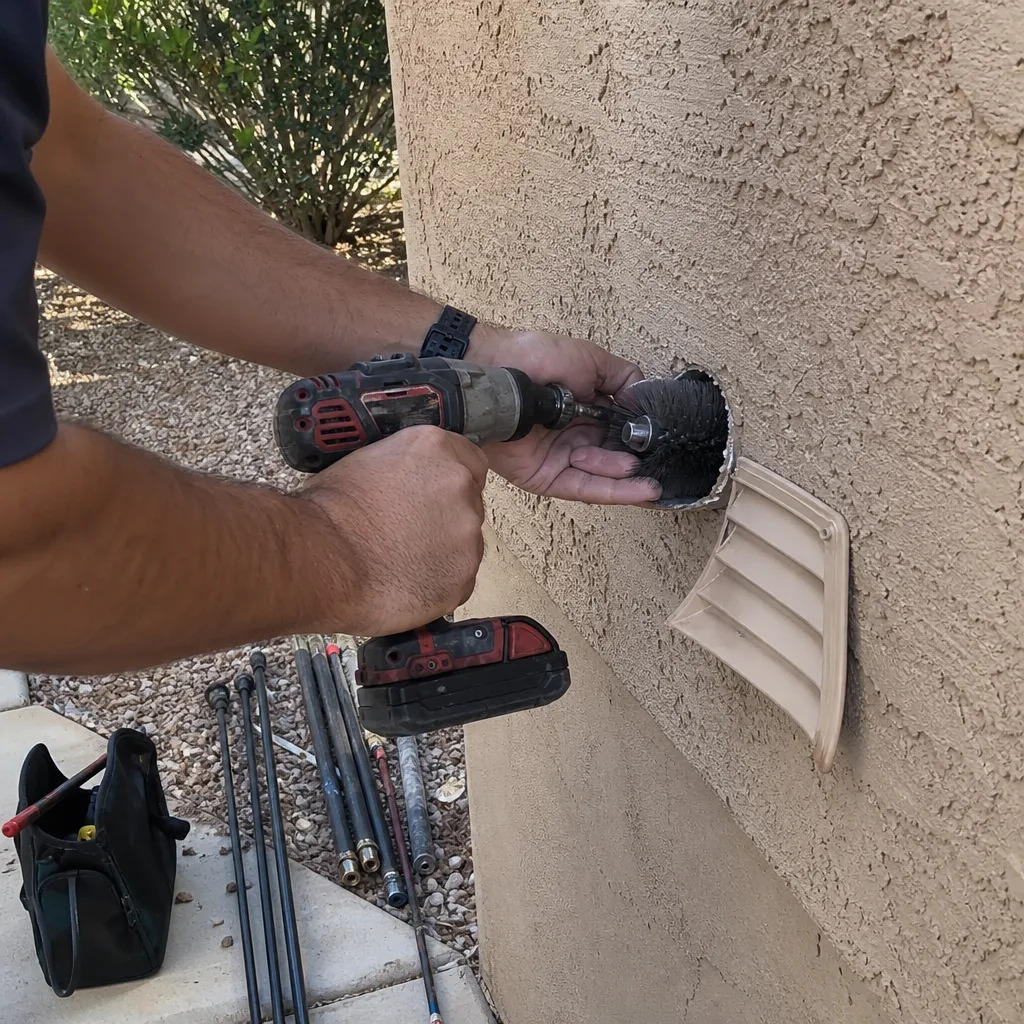Technician using rotary brush tool for professional dryer vent cleaning