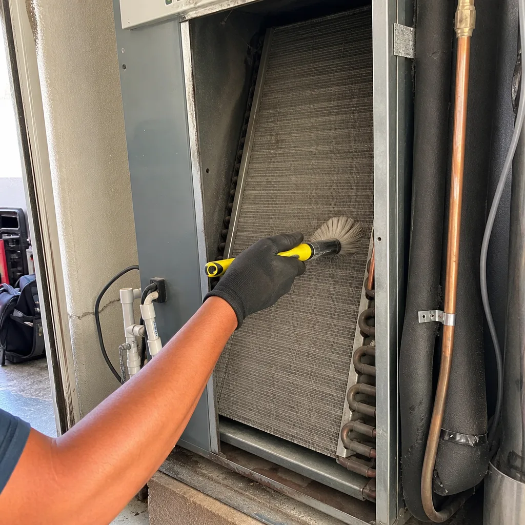 HVAC technician cleaning evaporator coils with a brush during air conditioning maintenance.