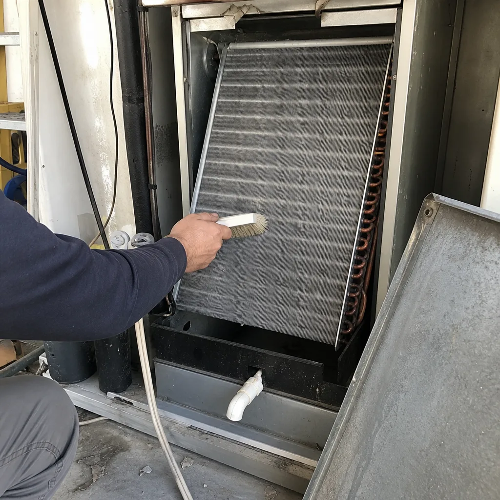 HVAC technician cleaning evaporator coil with a brush