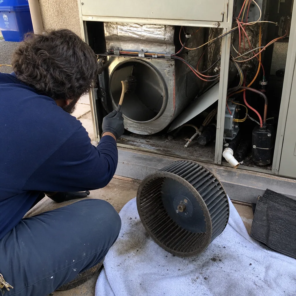 HVAC technician cleaning an air conditioner blower assembly